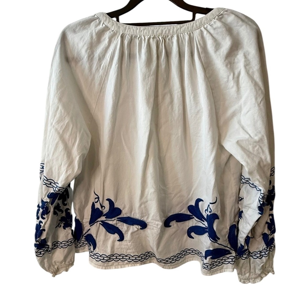 Roller Rabbit Embroidered Cotton Peasant Blouse White Blue Boho Top Medium - Picture 6 of 8